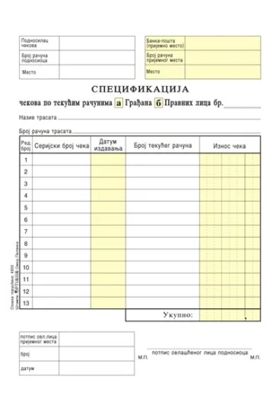 Specifikacija čekova u bloku je A5 formata.