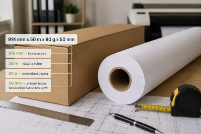 Šta znači oznaka 914 mm x 50 m x 80 g x 50 mm i kako proveriti da li rolna odgovara vašem ploteru