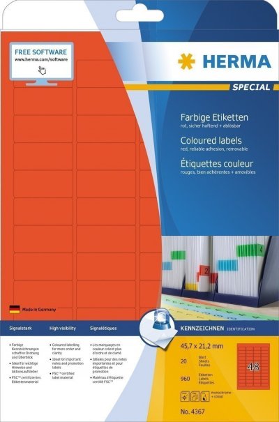 Etikete 45,7X21,2 zaobljene ivice A4/48 1/20 crvena