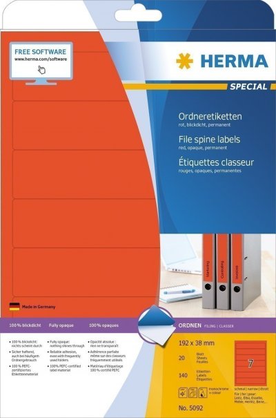 Etikete 192x38, za uski registrator A4/7 1/20 crve