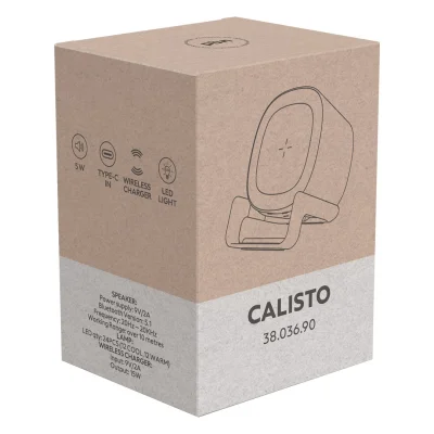 CALISTO, bežični zvučnik 5w, bežični punjač 15w, držač za telefon i lampa, beli