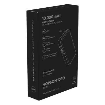 HOPSON 10PD, pomoćna baterija, 10.000 mah, sa kablom na izvlačenje, tamno siva