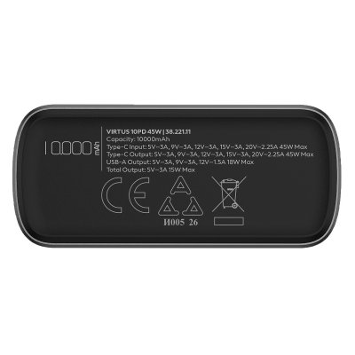 VIRTUS 10PD 45W, pomoćna baterija za laptop, 10.000 mah, 45w, tamno siva