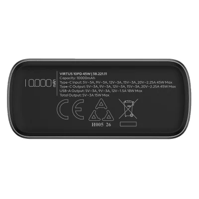 VIRTUS 10PD 45W, pomoćna baterija za laptop, 10.000 mah, 45w, tamno siva
