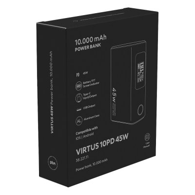 VIRTUS 10PD 45W, pomoćna baterija za laptop, 10.000 mah, 45w, tamno siva