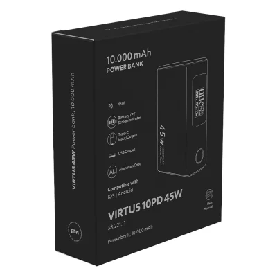VIRTUS 10PD 45W, pomoćna baterija za laptop, 10.000 mah, 45w, tamno siva