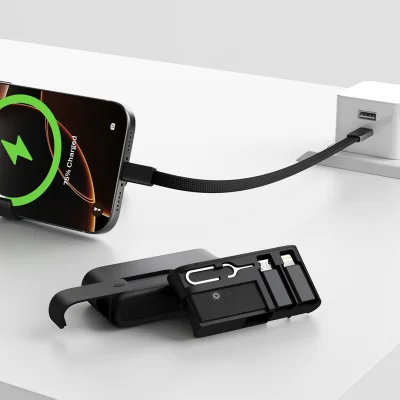 CRUX, plastična kutijica sa usb kablom, adapterima i držačem za mobilne uređaje, 8/1, crna