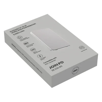 JOIN PD, pomoćna baterija sa magnetom 5.000 mah, bežično punjenje, 15 w, srebrni